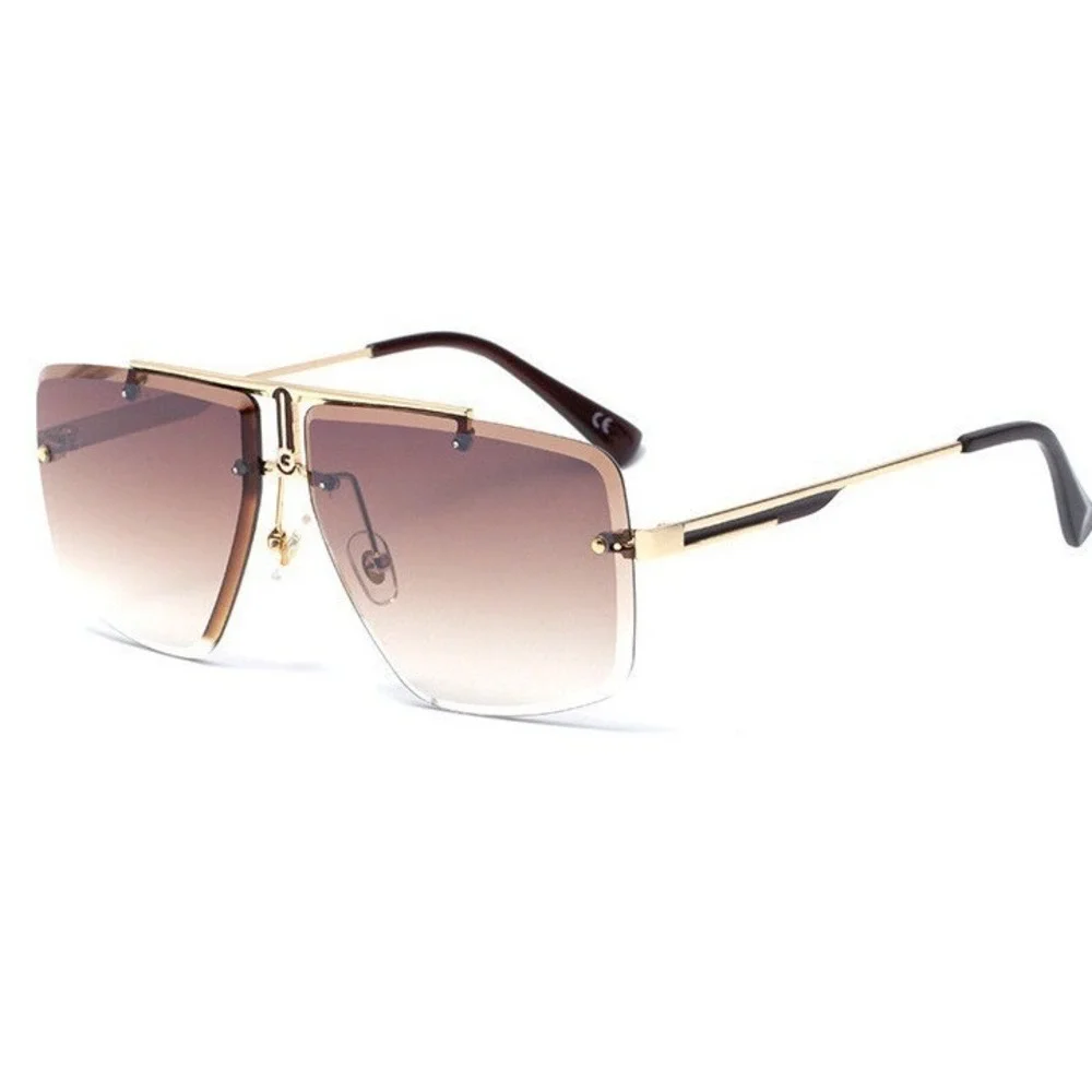Sunglasses Brown Lens Men's Fashion Rimless Square Gold Accents UV400 Lentes New